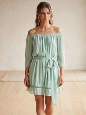 Sabo Skirt Off-Shoulder Mint Green Belted Mini Dress